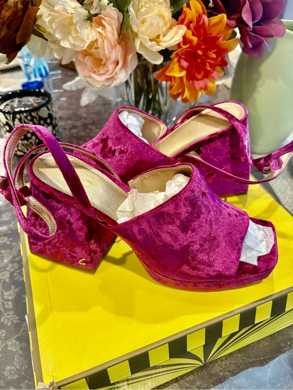 Circus NY Crushed Velvet Platform Wedge Sandals in Magenta 8